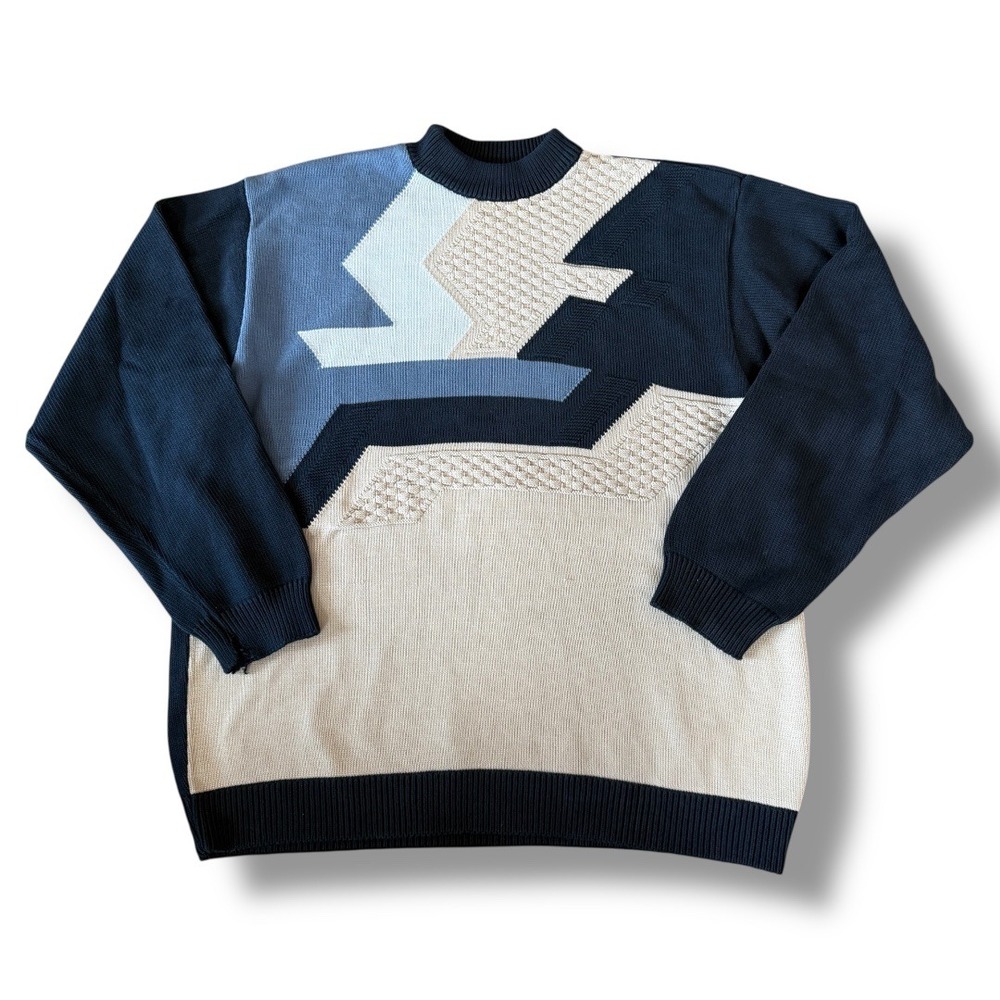Vintage 90s Bergati 3D Textured Sweater Navy Blue Tan‎ Knit Coogi-Style XL